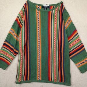 Chaps Denim Mens Green Multi Color Striped Cotton Linen Knit Sweater Medium
